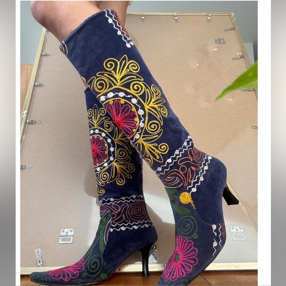TURKISH 60s NAVY BOHO  western🪬 heeled embroidered BOOTS - Picture 4 of 7